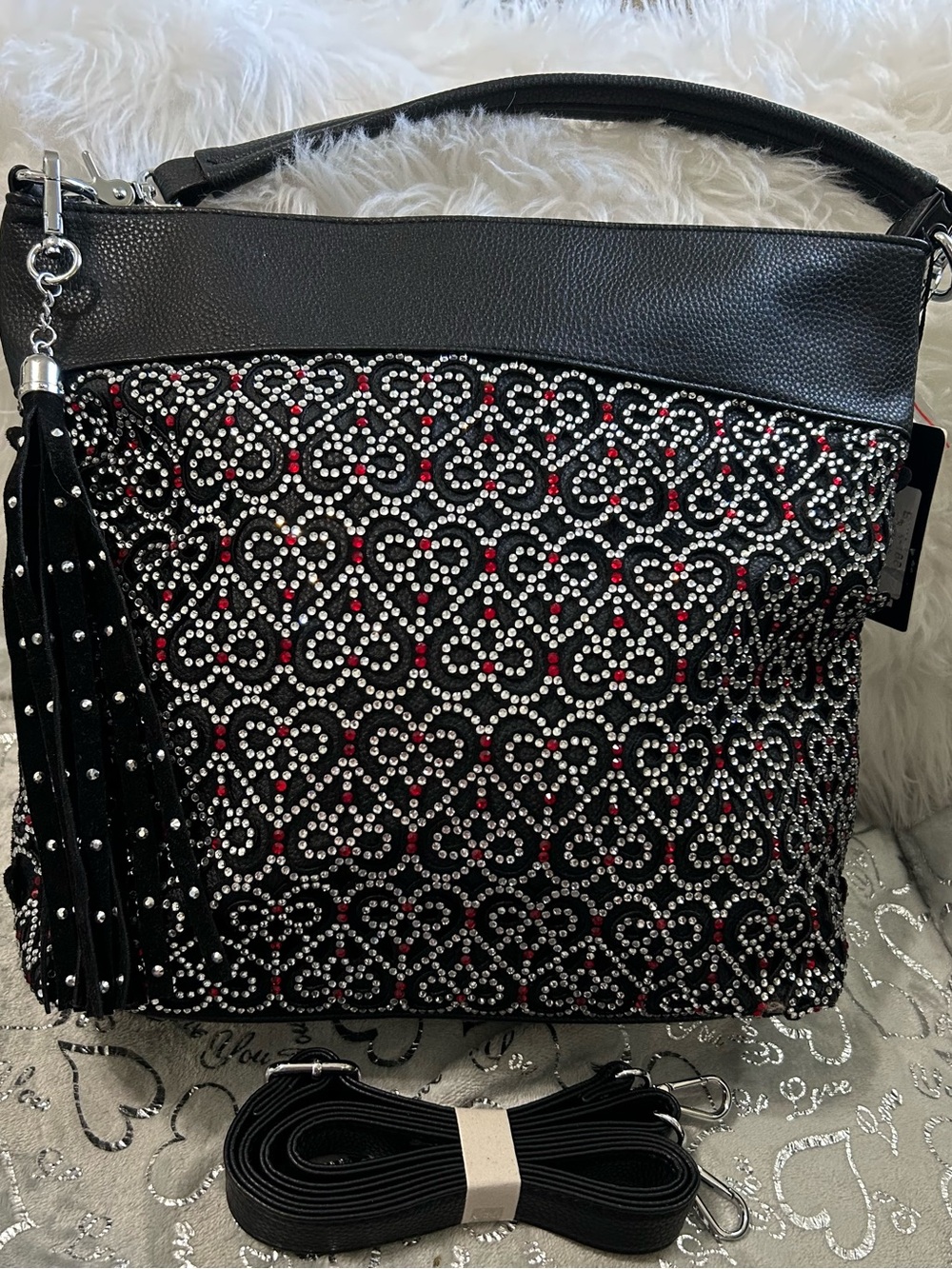 NWT Black Heart-Pattern Studded Hobo Shoulder Bag with Crystal Deco Tassel